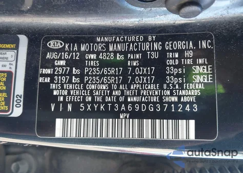 2013 Kia Sorento Lx z USA, uszkodzony, nr VIN 5XYKT3A69DG371243